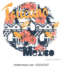 Tropical print with toucans and slogan in vector
