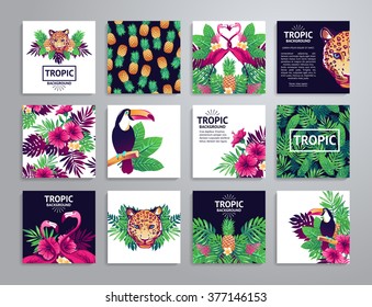 Tropical printable set. Vector cards, notes and banners with toucan, leopard, exotic flowers and fruits.