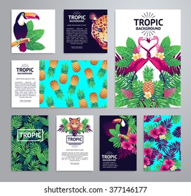 Tropical printable set. Vector cards, notes and banners with toucan, leopard, exotic flowers and fruits.