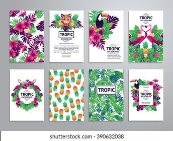 Tropical printable set. Vector cards, notes and banners with toucan, leopard, exotic flowers and fruits.