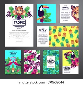 Tropical printable set. Vector cards, notes and banners with toucan, leopard, exotic flowers and fruits.