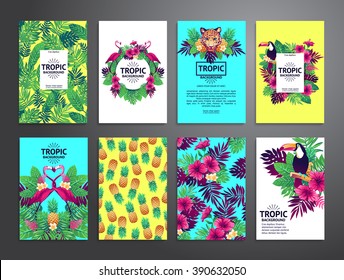 Tropical printable set. Vector cards, notes and banners with toucan, leopard, exotic flowers and fruits.