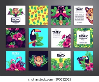 Tropical printable set. Vector cards, notes and banners with toucan, leopard, exotic flowers and fruits.