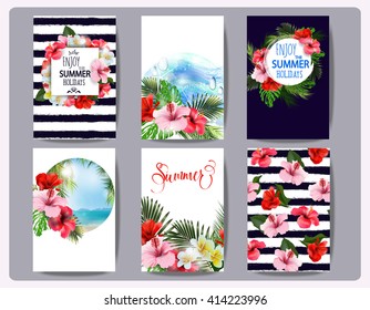 Tropical printable set. Vector cards, notes and banners with toucan, Beach, palm trees, Hibiscus Flower,  beautiful panoramic sea view, with clean water & blue sky. Template Vector.