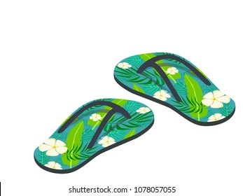 Tropical printed beach sandals or flip flops for summer holiday. Vector illustration in flat style design.