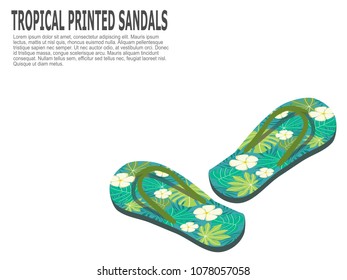 Tropical printed beach sandals or flip flops for summer holiday. Vector illustration in flat style design.