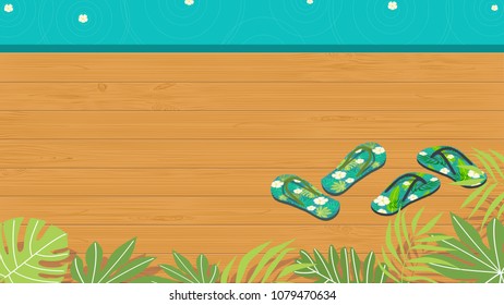 Tropical printed flip flops on wooden floor of resort terrace beside swimming pool. Vector illustration in flat style design.
