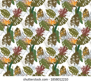 TROPICAL PRINTING PATTERN WITH LEAVES, FLOWER AND BIRD OF PARADISE