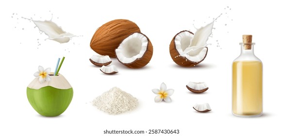 Tropical products made of coconut. Vector in realistic style, isolated set of nut with shell and milk splashes. Oil for massages and cosmetic industry, flower and cocktail with straw for vacation