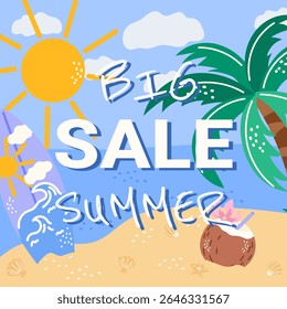 Tropical promo vector design with coconut, sea elements, and 50 OFF lettering. Great for online stores, retail flyers, and summer advertising campaigns.