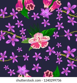 Tropical purple flower seamless vector pattern, floral fashionable tropic background for fabric textile, exotic hawaiian floral texture for print, trendy natural leaves for fashion textile on black