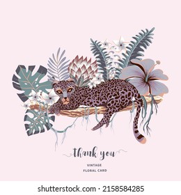Tropical purple vector greeting card. Lilac tiger, palm trees, green leaves, monstera, exotic flowers summer illustration
