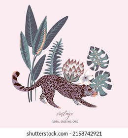 Tropical purple vector greeting card. Lilac tiger, palm trees, green leaves, monstera, exotic flowers summer illustration