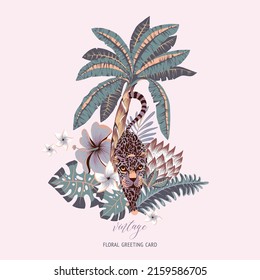 Tropical purple vector greeting card. Lilac tiger, palm trees, green leaves, monstera, exotic flowers summer illustration