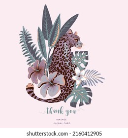 Tropical purple vector greeting card. Lilac tiger, palm trees, green leaves, monstera, exotic flowers summer illustration