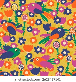 Tropical Rain Forest colourful Birds Flowers bold retro yellow girls jungle vibrant yellow orange
