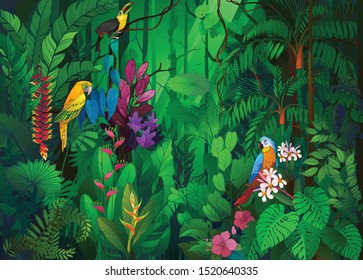 Tropical Rain Forest in a deep wilderness with colorful birds, flowers and exotic plants in  illustration