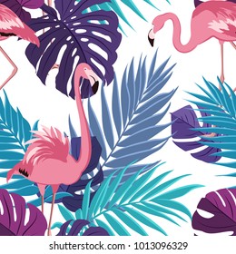 Tropical rain forest jungle palm tree mostera leaves and exotic flamingo birds seamless pattern. Ultra violet blue pink purple colorful modern vector design illustration for fashion, fabric, textile.