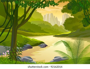 TROPICAL RAIN FOREST TREES AND FRESH WATER STREAM