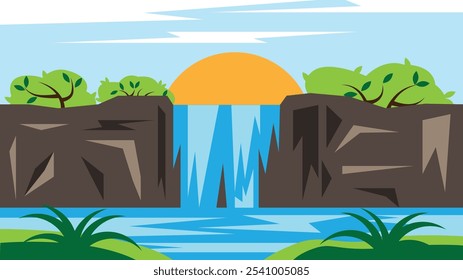 Tropical Rain Forest with Waterfall Landscape. Nature and outdoor exotic locations concept vector