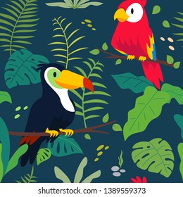 Tropical Rain forrest Jungle with toucan and parrot in summer seamless pattern designs background