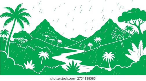 Tropical Rain Landscape on white background.