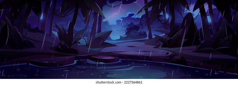 Tropical rain in night jungle forest with swamp or lake under thunderstorm shower and lightnings natural landscape. Game background with pond and palm trees in darkness, Cartoon vector illustration