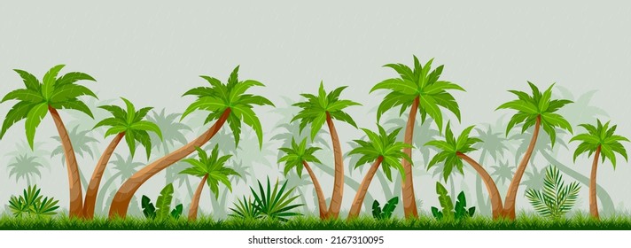 Tropical Rain Seamless Palm Landscape Cloudy Flat. Storm Warning Thunderstorm Gray Sky Overcast. Atmospheric Background Subtropical Forest. Horizontal Wallpaper Tourism Company Profile Exotic Travel