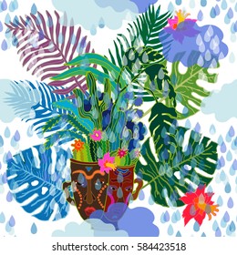 Tropical rain. Vector illustration with exotic plants, ceramic sculpture and water drops.