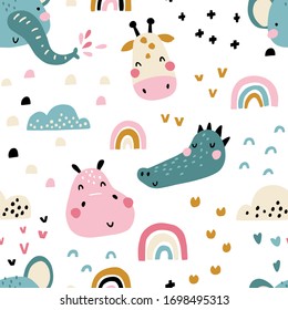 Tropical rainbow Africa. Seamless pattern with cute animals faces. Childish print for nursery in a Scandinavian style. For baby clothes, packaging. Vector cartoon illustration in pastel colors.