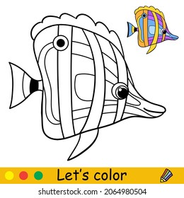 Tropical rainbow fish. Coloring book for preschool kids with easy educational gaming level. Freehand sketch drawing. Vector illustration. For print, game, education, party, design and decor