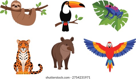 Tropical Rainforest Animal Vector Collection featuring Jaguar, Sloth, Toucan, Scarlet Macaw, Tapir, and Poison Dart Frog on White Background for Wildlife Illustration