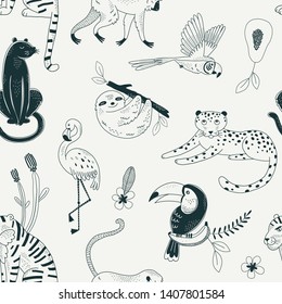 Tropical rainforest animals vector color seamless pattern. Exotic plants and fruits background. Flora and fauna. Flamingo, panther, guepard. Decorative orange textile, wallpaper, wrapping paper design