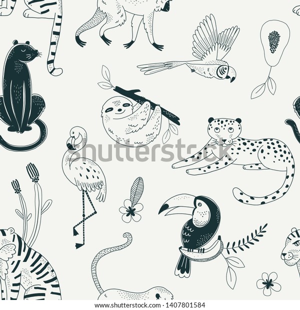 Tropical Rainforest Animals Vector Color Seamless Stock Vector