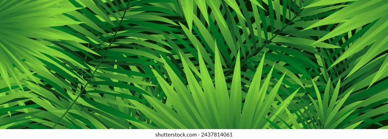 tropical rainforest background. Amazon foliage vector wallpaper with close up tropic leaves, plants and grass. Summer, travelling vacation banner for textile, beauty and fashion cards, travel cards.