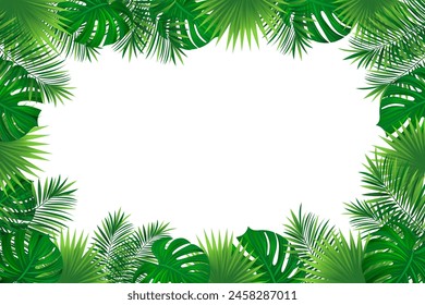 tropical rainforest border frame. Amazon foliage vector background with exotic tropic leaves, jungle plants and grass. Summer, travelling vacation card for textile print, invitation and promo designs.