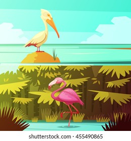 Tropical rainforest fauna 2 retro cartoon banners set with pink flamingo and pelican bird isolated vector illustration 