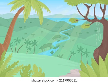 Tropischer Regenwald flache Vektorgrafik. Naturparadies. Unentwickelte Dschungelumgebung. Tierbeobachtung. Bewaldete 2D-einfache Cartoonlandschaft mit Fluss und üppigem Blattwerk auf Hintergrund