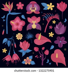 Tropical rainforest flowers. Cartoon exotic night flower set. Botanical illustration with exotic plants, wildflowers, brazil tropic orchid. Botany design elements.