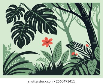 Tropical rainforest forest background Jungle forest silhouette, tropical vector landscape with exotic Green tropical forest wallpaper of monstera leaves, palm leaf, branches in hand drawn pattern