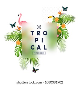 Tropical rainforest frame with palm tree leaves, floral elements, and wildlife. Vector illustration