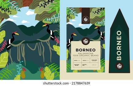 tropical rainforest with hornbill bird illustration suitable for coffee packaging design