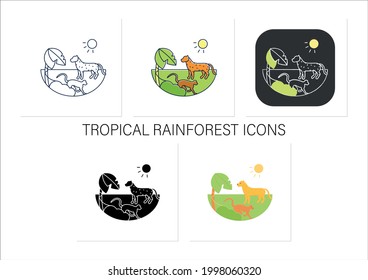 Tropical rainforest icons set.Humid and warm place.Located near the equator.Living place for dangerous animals.Collection of icons in linear, filled, color styles.Isolated vector illustrations