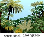 Tropical rainforest landscape. Handmade drawing vector illustration.