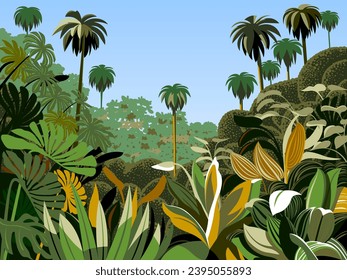 Paisaje tropical de selva tropical. Ilustración de vector de dibujo hecha a mano.