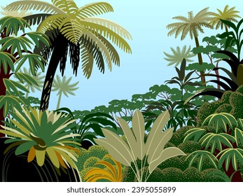 Tropical rainforest landscape. Handmade drawing vector illustration.