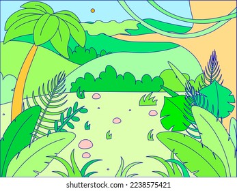 Tropical rainforest landscape view, wild woodland sunset nature area, national outdoor hike road cartoon line vector illustration.