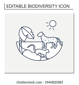 Tropical rainforest line icon.Humid and warm place.Located near the equator.Living place for dangerous animals like jaguar and monkeys.Biodiversity concept.Isolated vector illustration.Editable stroke