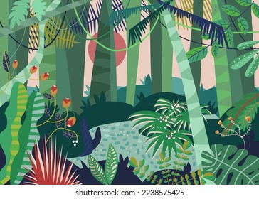 Paisaje tropical de palma de selva tropical, puesta de sol y amanecer en bosques silvestres, paisaje natural de área cartográfica ilustración vectorial. Camino de senderismo oculto al aire libre.