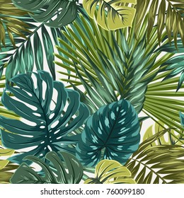 Floresta tropical palmeira monstera deixa textura padrão sem costura camuflagem. Azul turquesa verde brilhante no fundo bege. Férias de férias ilha paradisíaca. Ilustração de desenho vetorial botânico.